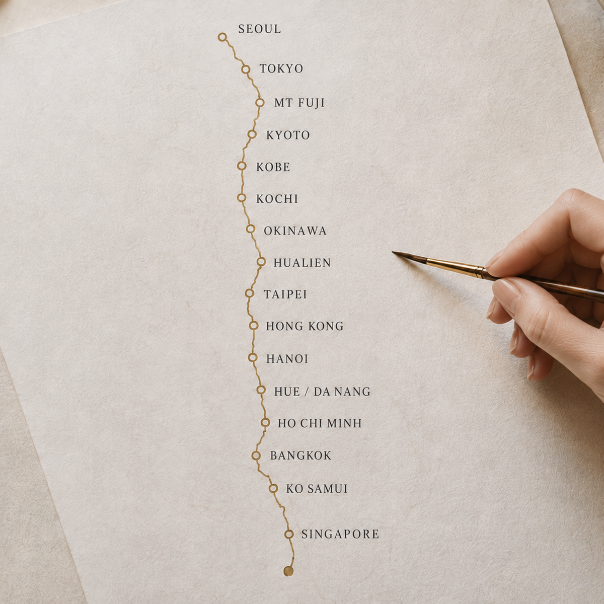 Seoul to Singapore route with sixteen journey places